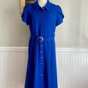 Calvin Klein Royal Blue Button-Down Tulip Sleeve Dress With Belt